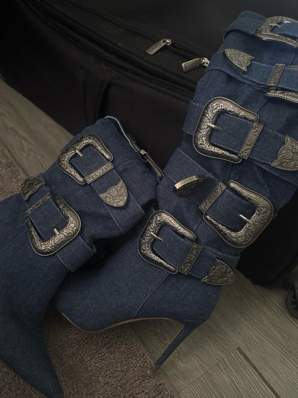 Denim High-Heel Buckle Boots with Ornate Silver Hardware